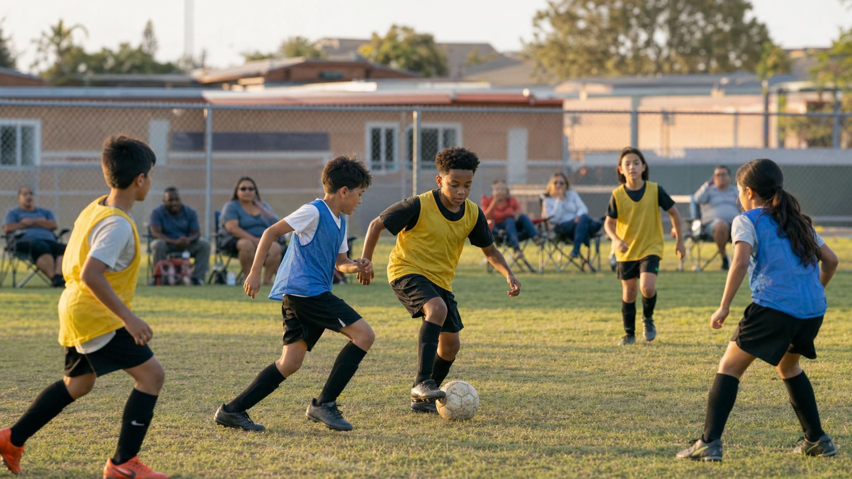 Youth soccer players in mismatched pinnies play a small-sided game on a public park field as parents watch from folding chairs.