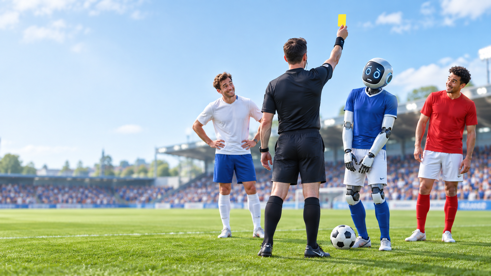 Humanoid robots stepping onto the soccer field with human players. robot soccer