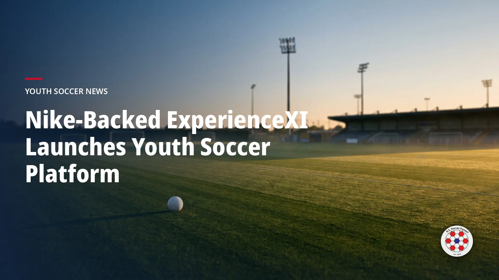 scene only, no disclosure: "Empty soccer training pitch at golden hour with a single ball on mown grass. Meant to depict the Nike backed Experience