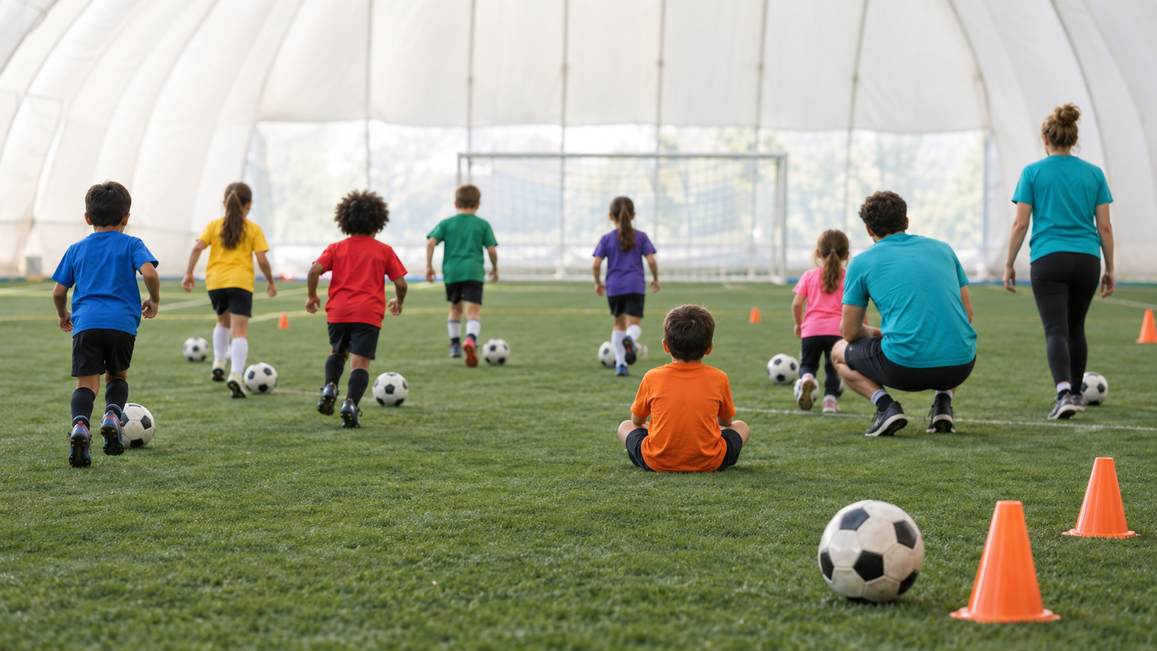 Children in colorful shirts dribble soccer balls across green turf inside an indoor dome while two volunteers in teal shirts guide them, all seen from behind. SUpport the TopSoccer story for all kids