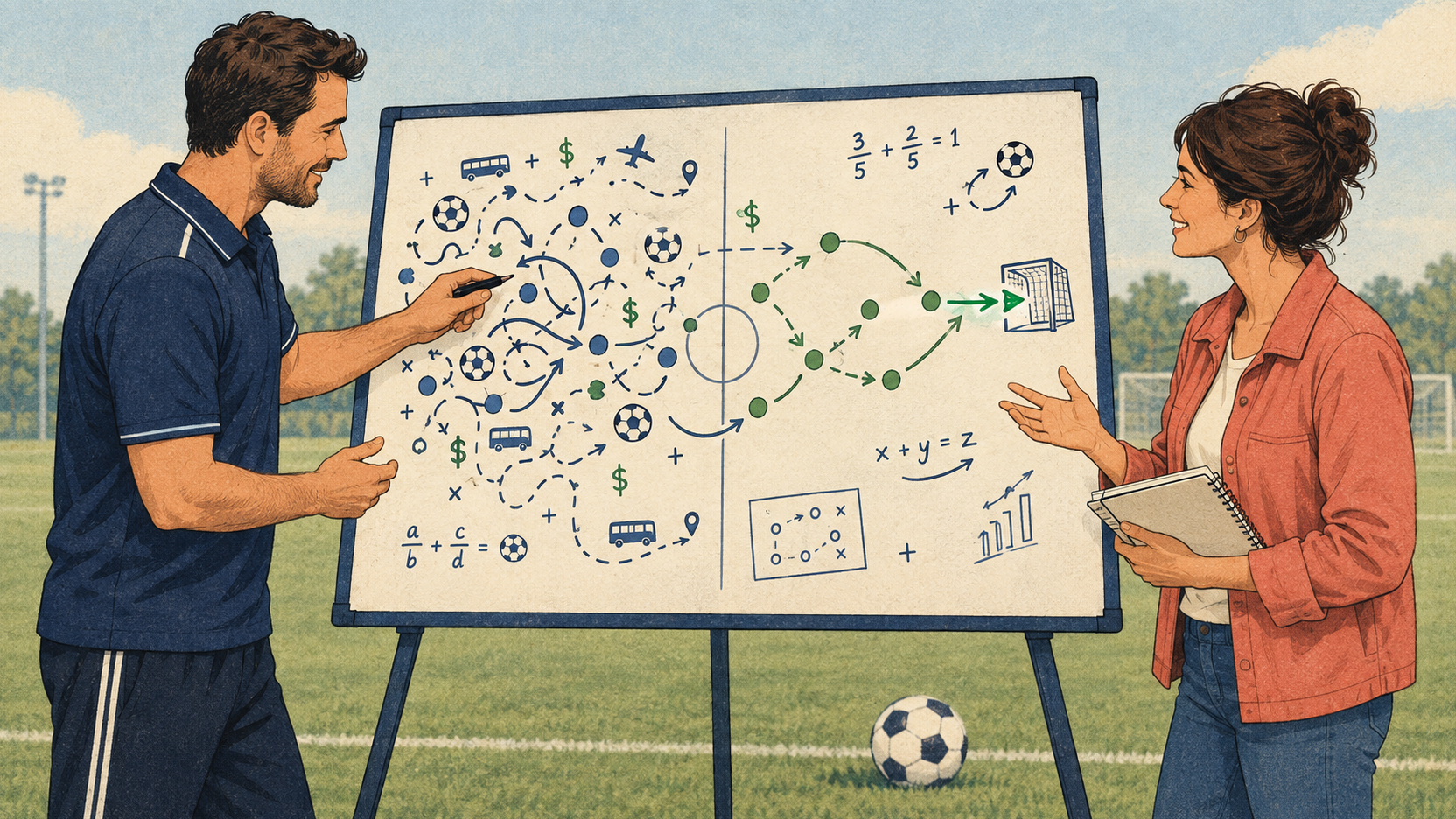 Illustration of a coach and parent collaborating at a board filled with soccer diagrams, equations, cost symbols and travel routes, exploring youth soccer reform.