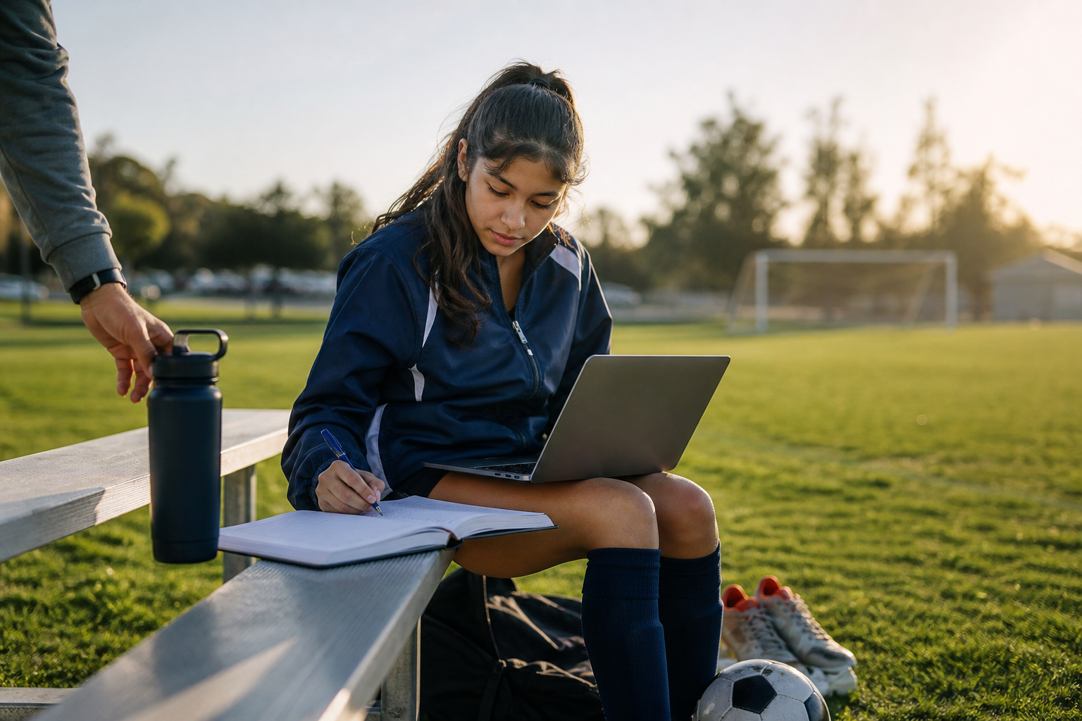 Balancing school and soccer: teen player studying with a laptop and notebook on a bench beside the soccer field