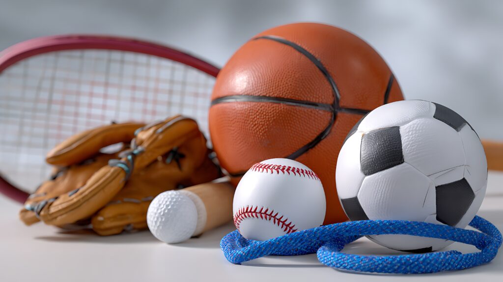 Image of baseball, soccer ball, football to show multiple sports