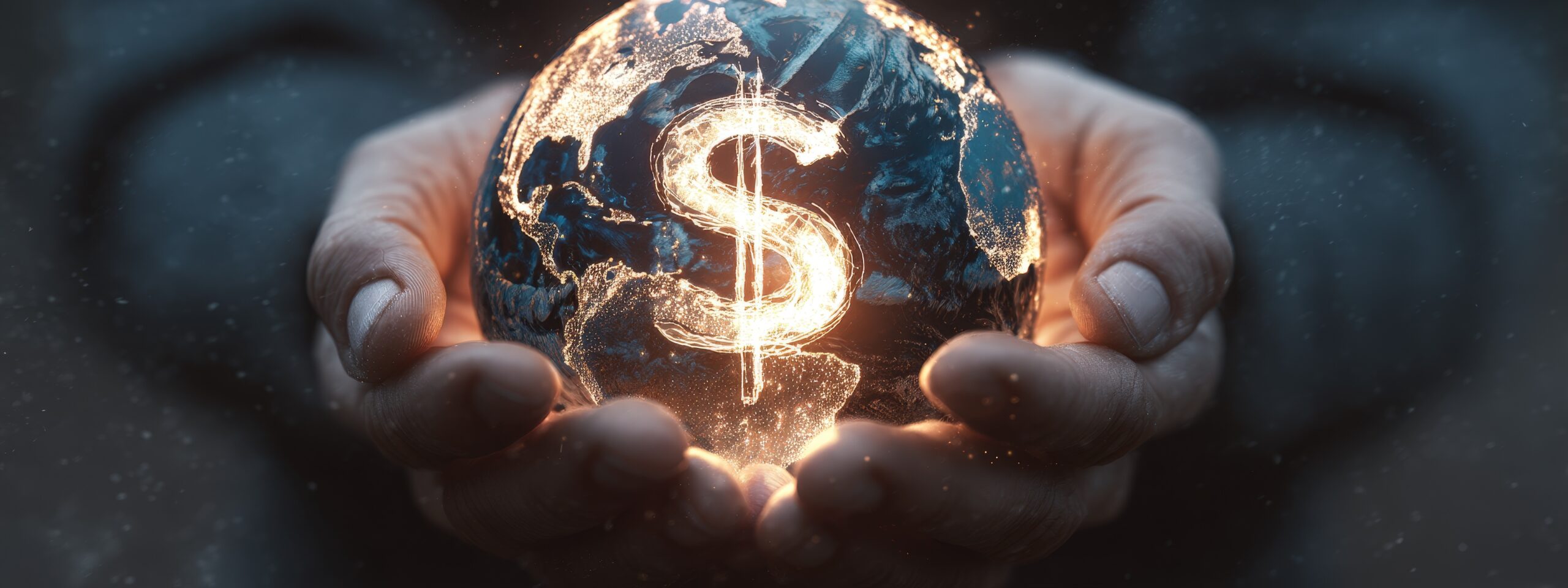 Man holding a glowing globe with a glowing dollar sign symbol in the middle