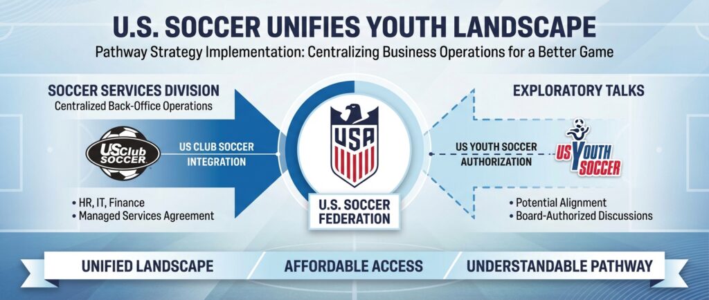 US Club Soccer joins U.S. Soccer’s Soccer Services division under new Pathway Strategy to unify youth soccer operations and competitions.