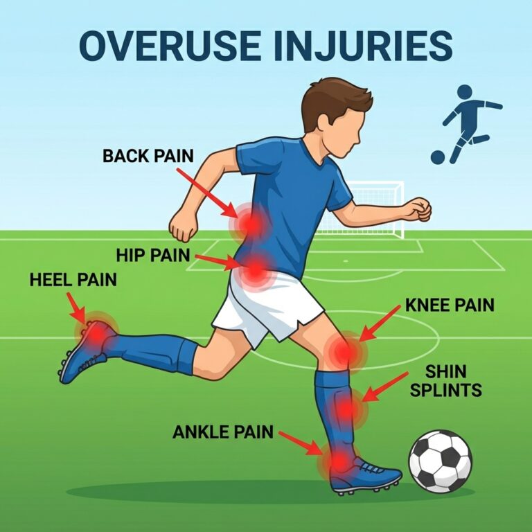 Overuse Injuries guide. illustration. Soccer Player