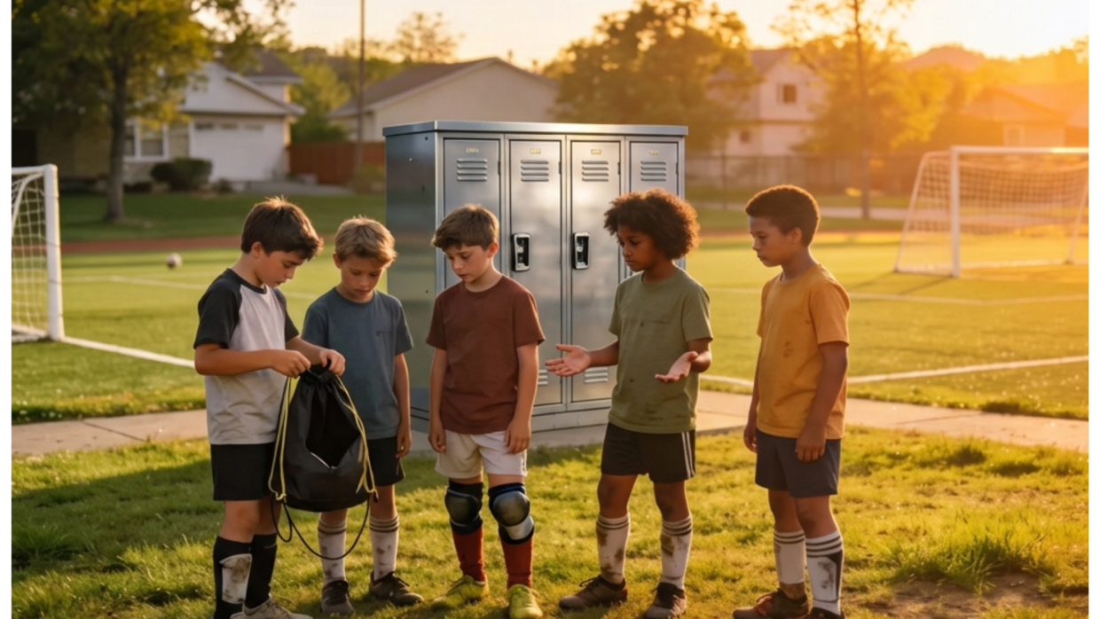 Kids at a park ready to play soccer but without a ball, reflecting Equip Sport’s mission to provide shared sports equipment access.
