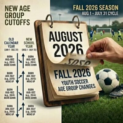 Infographic showing new youth soccer age groups for Fall 2026 season, shifting from calendar year to school-year cycle starting August 2026.