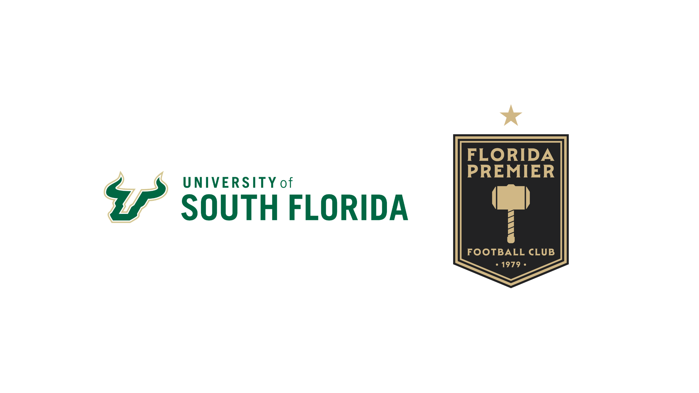 Logos of USF Bulls and Florida Premier FC side by side representing new club-to-college soccer pathway partnership