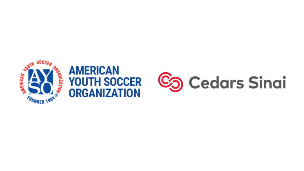 AYSO and Cedars-Sinai logos side by side representing a national youth soccer ACL injury-prevention partnership for Spring 2026.