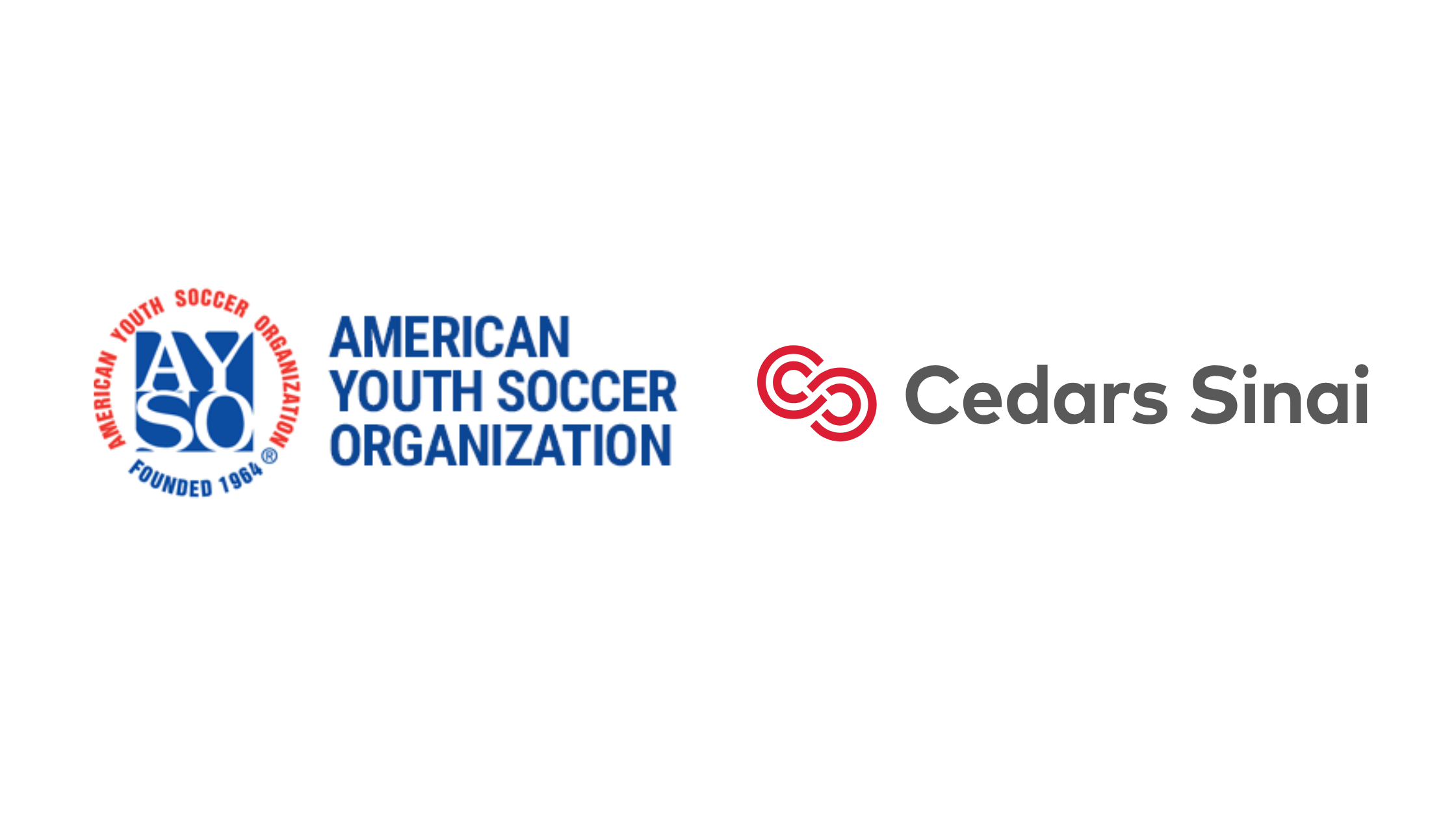 AYSO and Cedars-Sinai logos side by side representing a national youth soccer ACL injury-prevention partnership for Spring 2026.