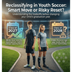 Two youth soccer players on a stadium track between graphics for Class of 2027 and Class of 2028 highlighting pros and cons of reclassifying graduation year.