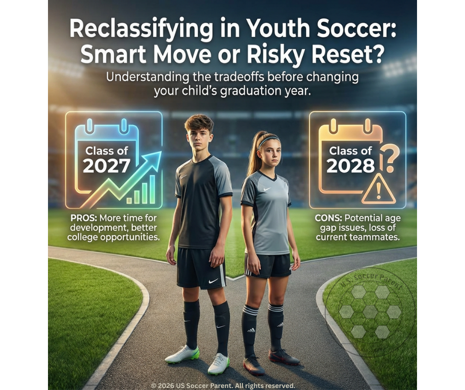 Two youth soccer players on a stadium track between graphics for Class of 2027 and Class of 2028 highlighting pros and cons of reclassifying graduation year.
