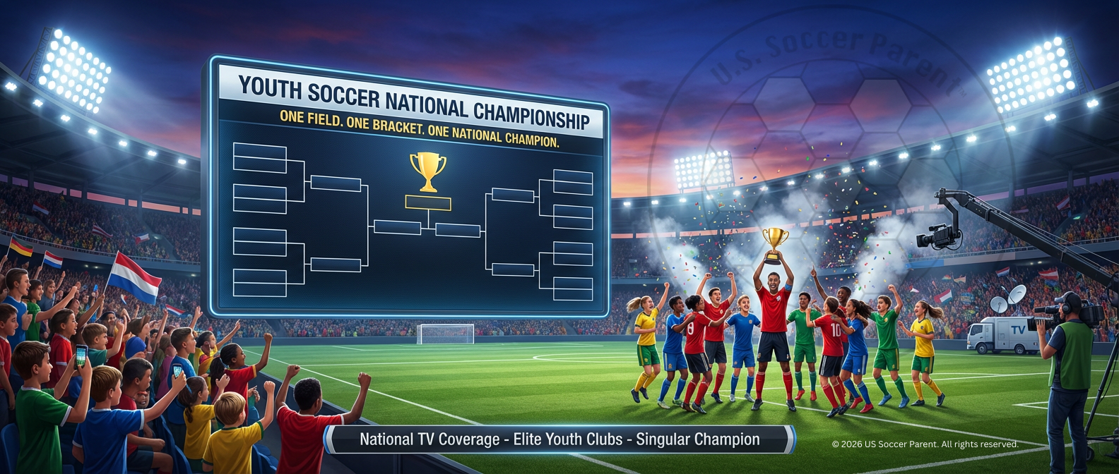 Youth Soccer National Championship bracket on stadium video board with tagline “One Field, One Bracket, One National Champion” beside boys and girls team lifting trophy during nationally televised match.