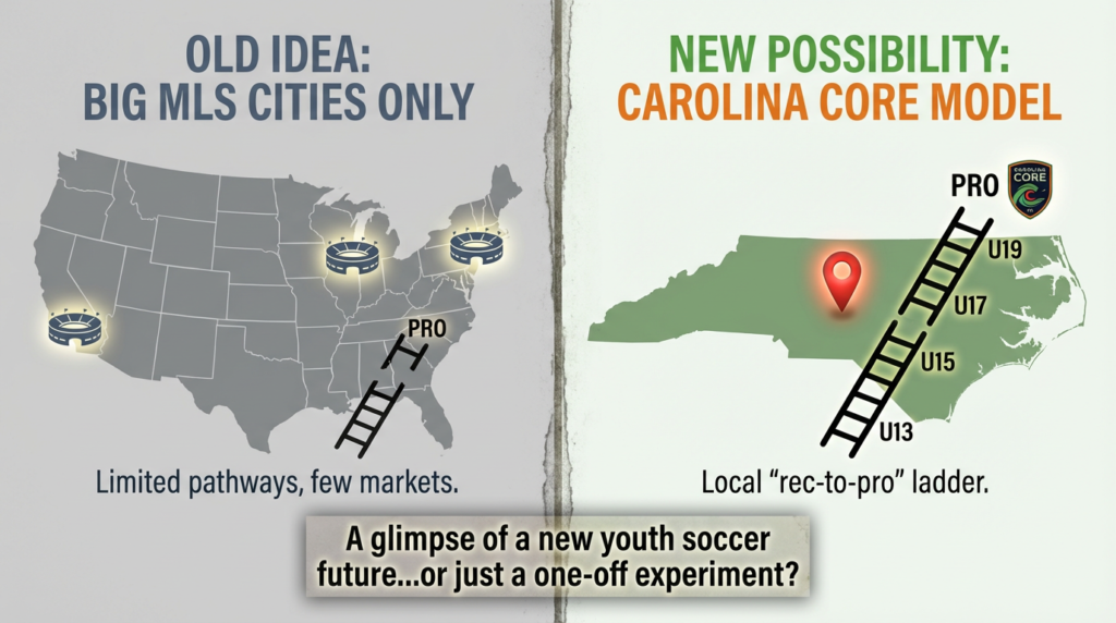 Carolina Core FC youth soccer pathway graphic contrasting old MLS big‑city model with new local rec‑to‑pro ladder from U13 to U19 in North Carolina