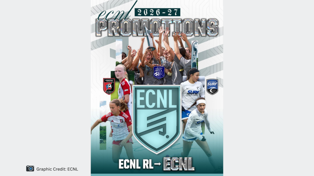 ECNL graphic showing Team Boca, Lonestar SC, and South Carolina Surf girls teams celebrating promotion from ECNL RL to full ECNL Girls membership for the 2026-27 season.