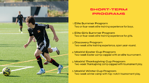 Elite youth soccer player in Madrid Euro Soccer Academy short-term program, training on a professional field during a high-intensity Spanish immersion camp.