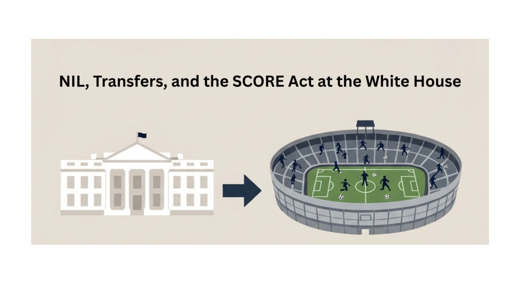 Illustration showing the White House and a soccer stadium with the text “NIL, Transfers, and the SCORE Act at the White House,” symbolizing federal involvement in college sports policy.