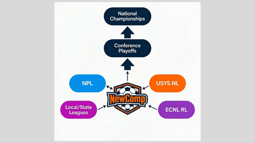 Diagram showing the NewComp youth soccer platform connecting NPL, USYS National League, ECNL Regional League, and local/state leagues into conference playoffs and national championships. US Club Soccer. US Youth Soccer