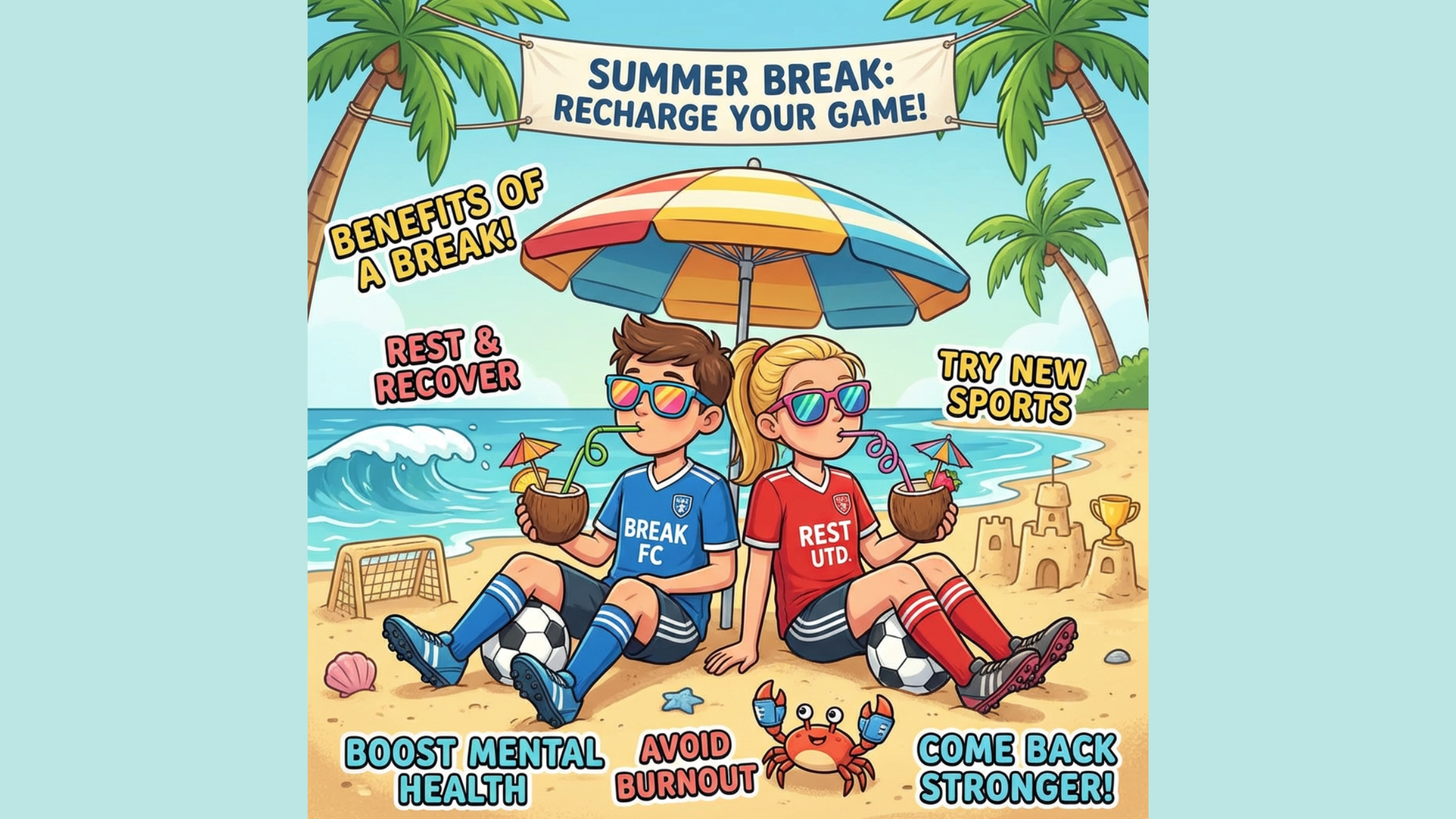 Youth soccer summer break illustration showing two kids in soccer uniforms relaxing on a beach under an umbrella, highlighting benefits of a true summer soccer break for youth soccer parents such as rest, recovery, avoiding burnout, trying new sports, and coming back stronger.