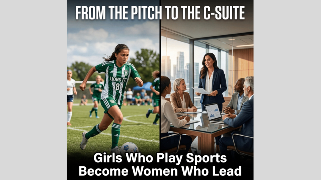 Split image of a teenage girl playing competitive soccer on the left and a confident woman leading a boardroom meeting on the right, with the text “From the Pitch to the C‑Suite – Girls Who Play Sports Become Women Who Lead.”