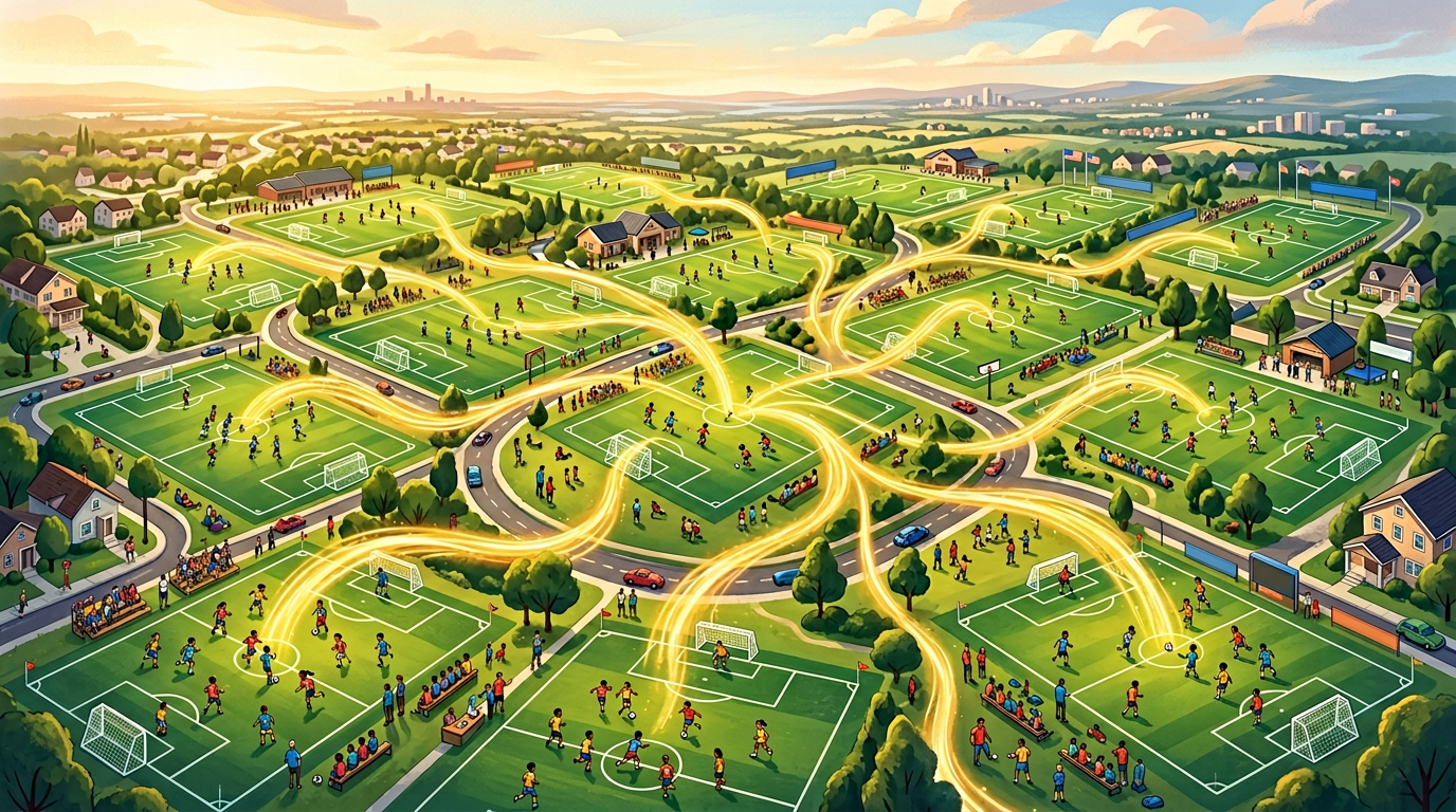 Illustration of connected youth soccer fields in American neighborhoods, showing many kids playing, fans watching from sidelines, and bright pathways linking community fields. it shows chobani monies being distributed to teams and clubs