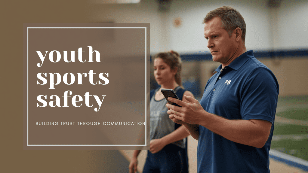 Coach using a smartphone to communicate illustrating the use of Motiv, with a high school athlete on an indoor field, overlaid with the words “youth sports safety – building trust through communication,” illustrates safe coach–athlete messaging and compliance.