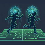 Illustration of two youth soccer players running on a tactics board with glowing digital brains, symbolizing Soccer IQ and game intelligence training.