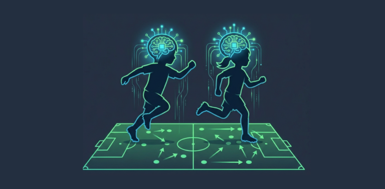 Illustration of two youth soccer players running on a tactics board with glowing digital brains, symbolizing Soccer IQ and game intelligence training.