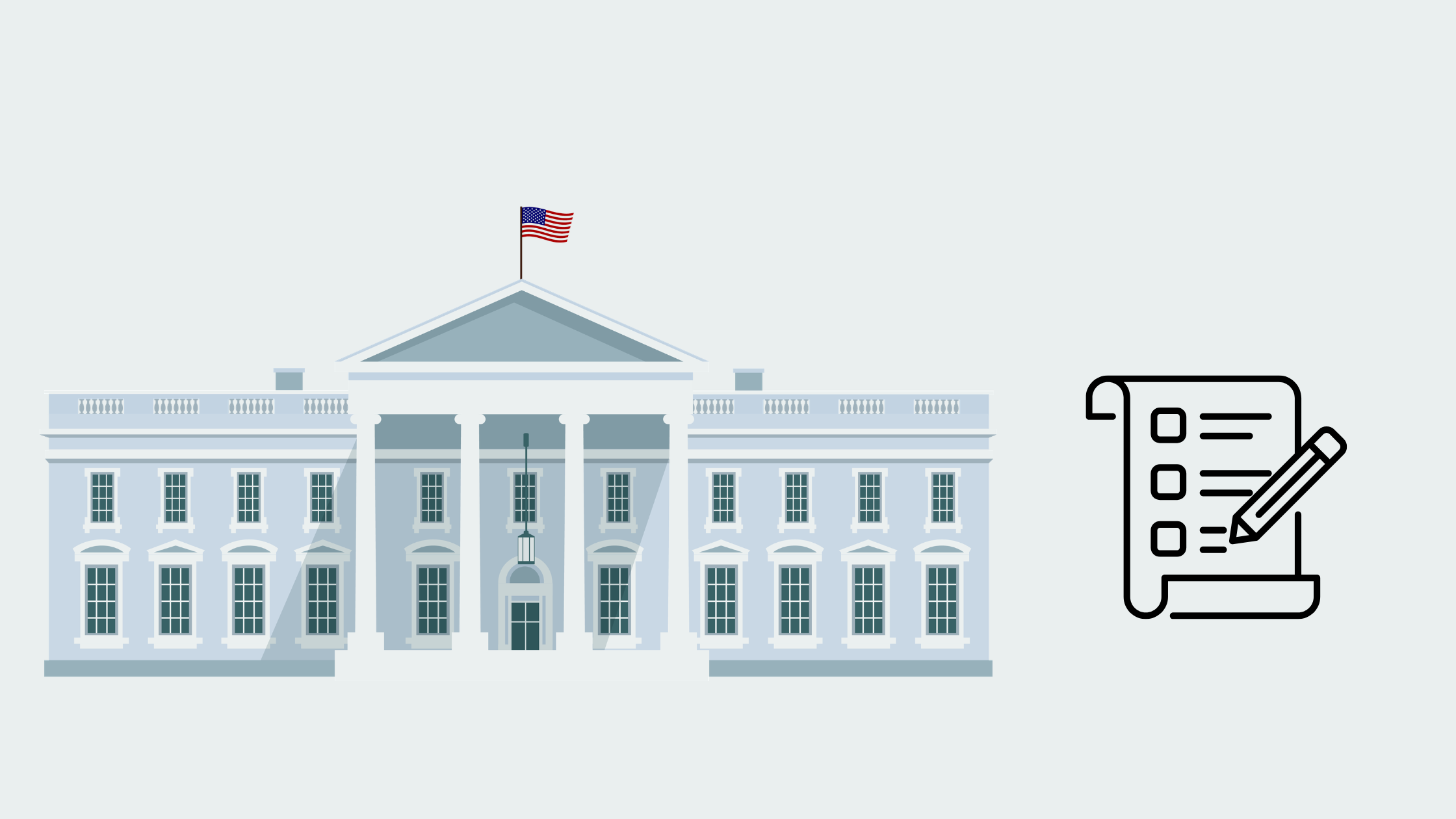 Illustration of the White House with an American flag next to a checklist and pen icon representing new federal rules or executive order on policy