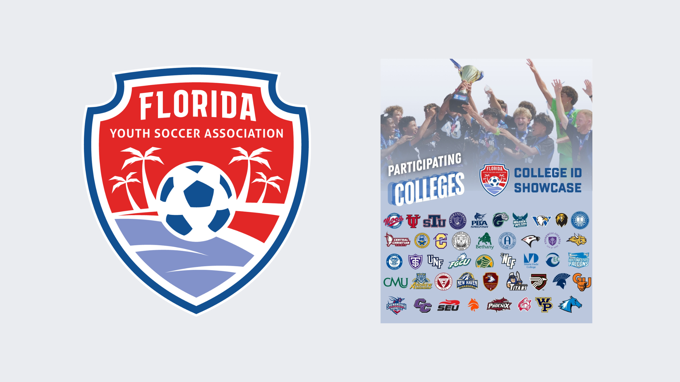 FYSA Florida State Cup College ID Showcase graphic featuring FYSA logo, players lifting a trophy, and participating college soccer program logos.