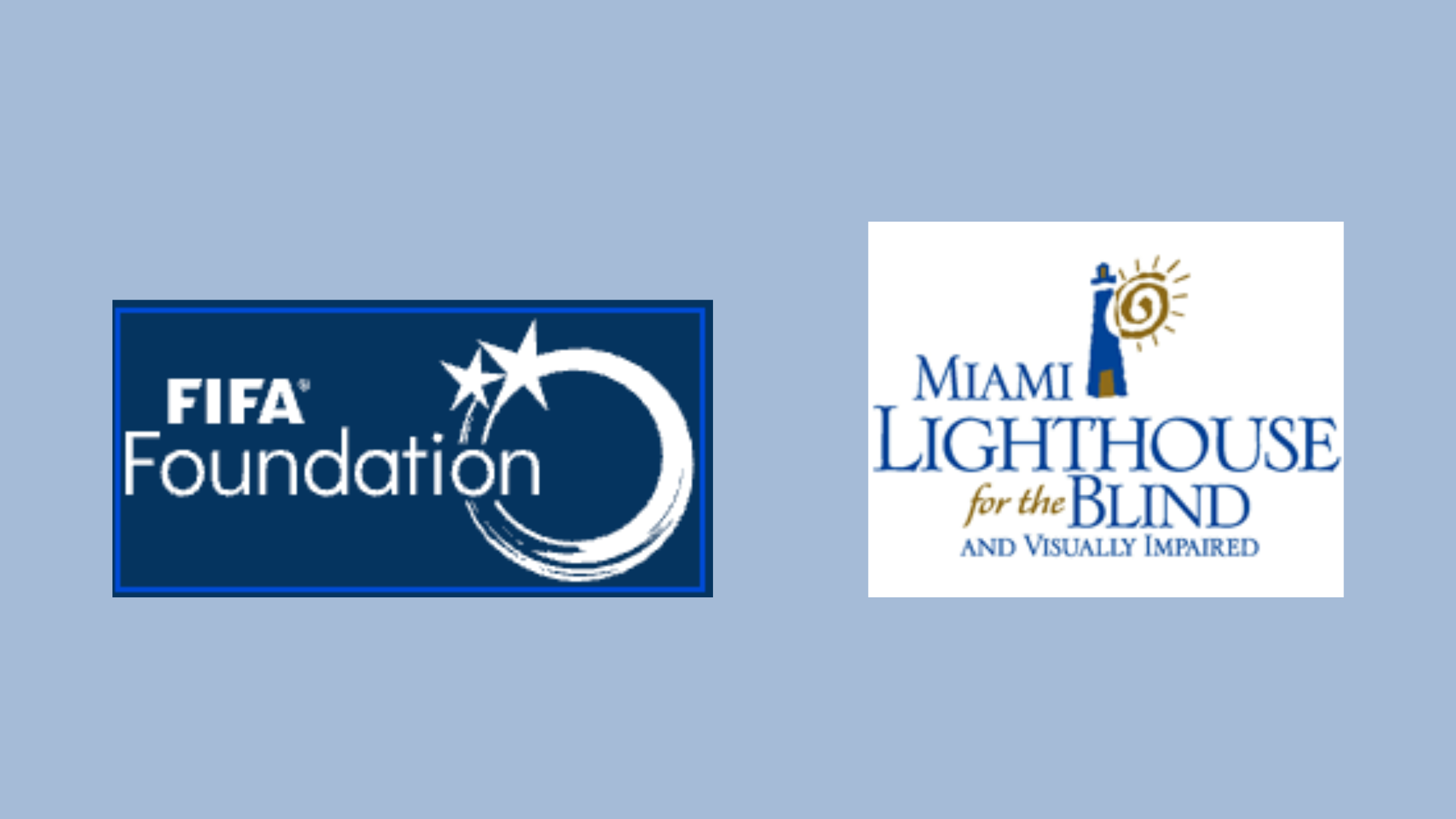 FIFA Foundation and Miami Lighthouse for the Blind logos highlighting new blind soccer training grant in Miami.
