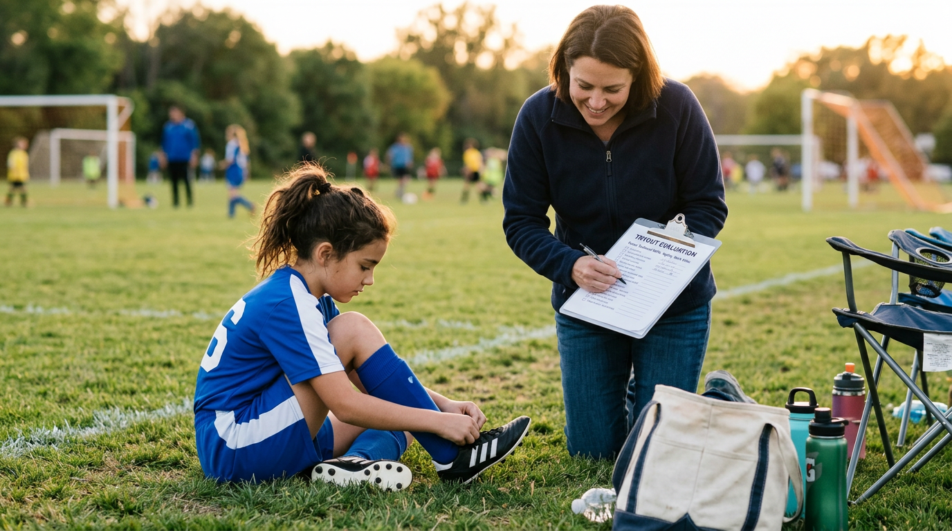 Youth soccer player tying cleats while parent reviews U11-U12 soccer pathway, tryout checklist at evening practice field