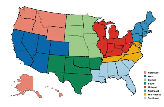 National 1 League conference map showing all eight conferences and 34 districts across the United States for the 2026-27 youth soccer season