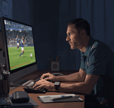 youth soccer scouting and recruiting; illustration of coach doing video analysis, AI