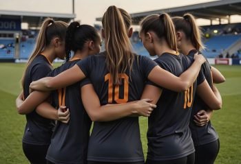 High school soccer team in a pre-kick-off huddle.